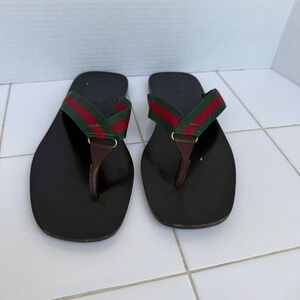 Vintage Gucci Green & Red Web Stripe Thong Flip Flop Sandals Mens 7.5, Women's 9